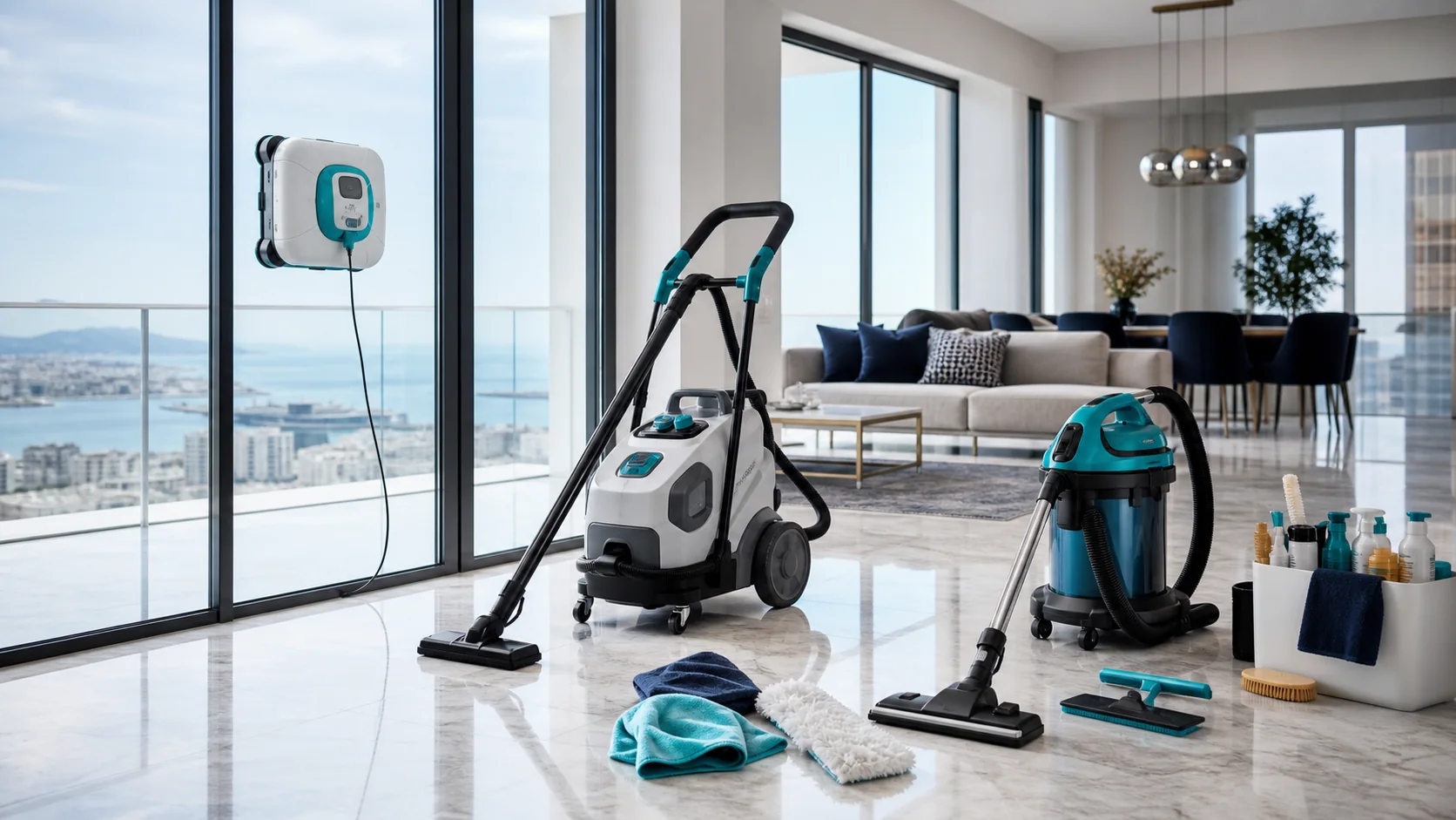 Cam silen robot ve buharlı temizlik ekipmanları